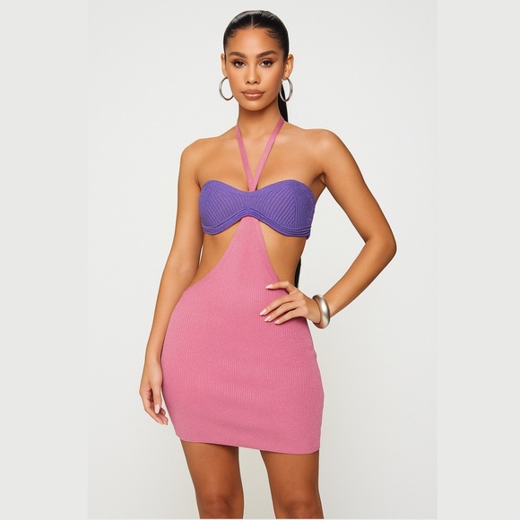 Retrofete Dresses & Skirts - NWT RETROFETE Glitter Rib Knit Colorblock Halter Neck Cutout Waist Mini Dress XS